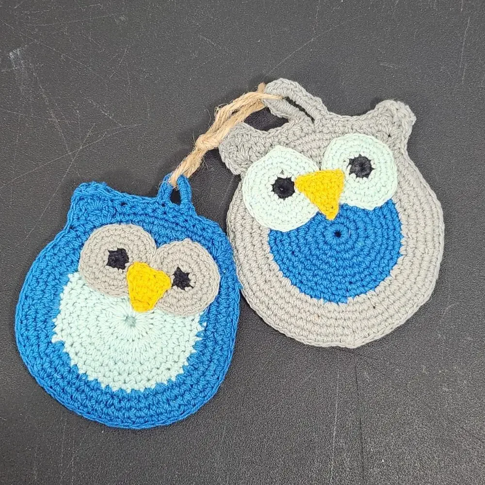 Vtg Handmade Owl Crocheted Cottage Decor Hot Pad Trivets Ornament Birds Grandma